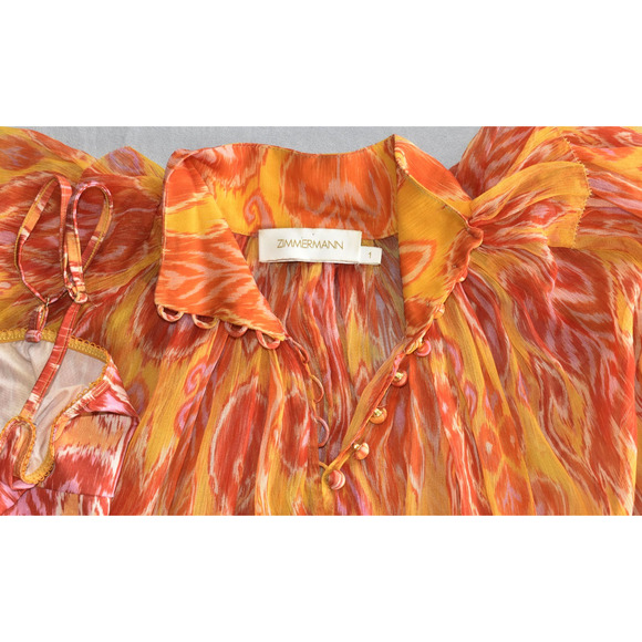 B8 NEW ZIMMERMANN Ikat Print Chiffon Brightside Frilled Blouse Top 2pc Set Sz 1 - Picture 8 of 12